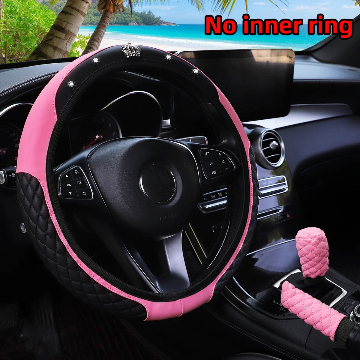 3-Piece PU Leather Embroidered Crown Diamond Car Without Inner Ring Steering Wheel Cover Handbrake Cover Handle Cover