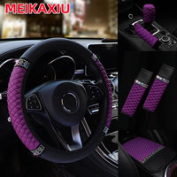 6Pcs Diamond-Studded PU Leather Car Steering Wheel Gear Shift Cover  with Embroidered Armrest Shoulder Guard Handbrake Protector