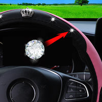 1 PU Embroidered Crown Set with Artificial Diamond Blingbling Leather Steering Wheel Cover Without Inner Ring Fits 14.5-15 Inche