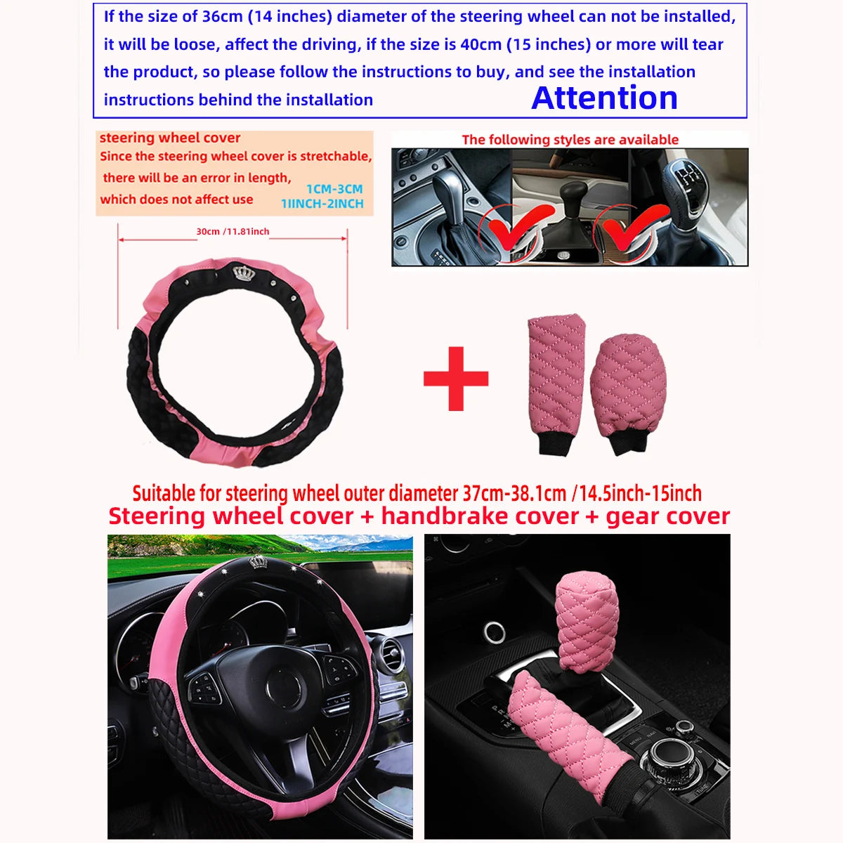 3-Piece PU Leather Embroidered Crown Diamond Car Without Inner Ring Steering Wheel Cover Handbrake Cover Handle Cover