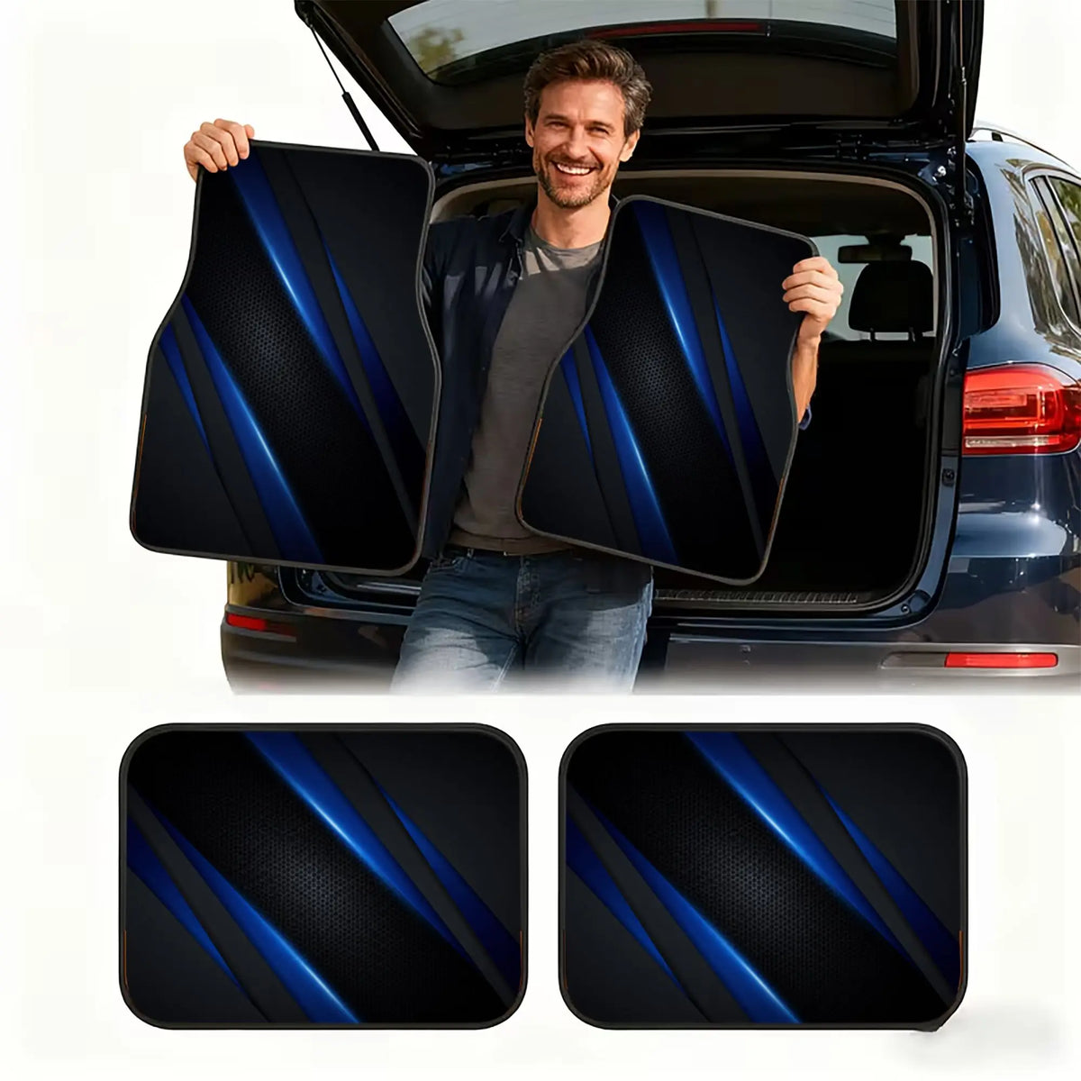 2pcs/4pcs Polyester Set, Blue Diagonal Stripe Print Car Floor Mats, Stylish Universal, Premium Look For Interior Decoration