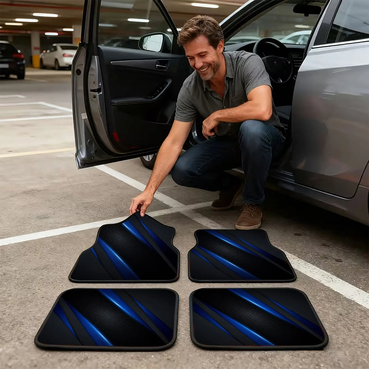2pcs/4pcs Polyester Set, Blue Diagonal Stripe Print Car Floor Mats, Stylish Universal, Premium Look For Interior Decoration