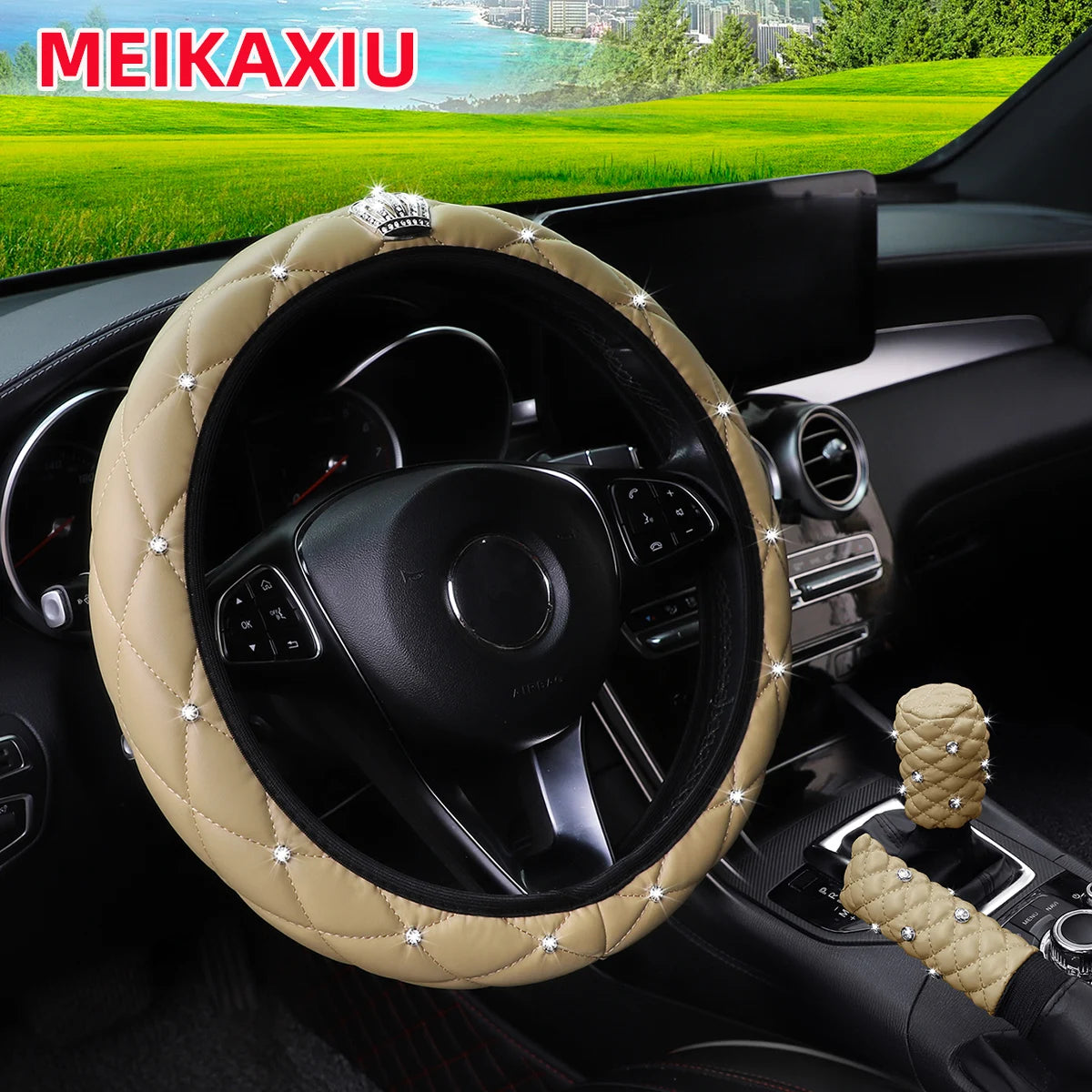 Soft Leather Diamond Crown Three-Piece Car Without Inner Ring Steering Wheel Cover Handbrake Handle Cover