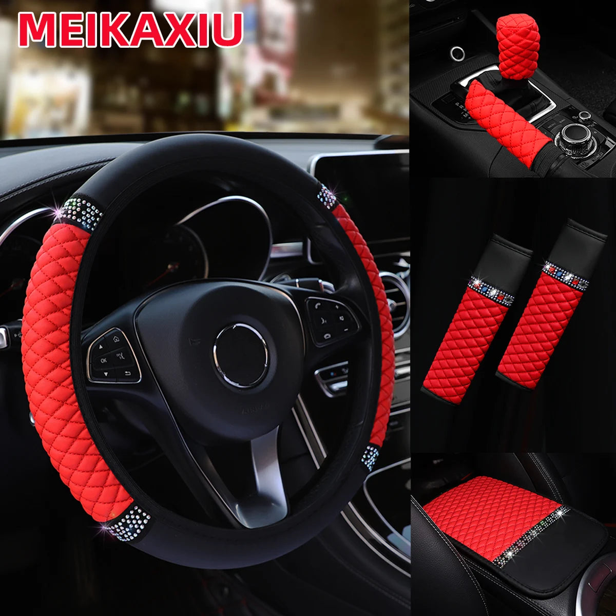 6Pcs Diamond-Studded PU Leather Car Steering Wheel Gear Shift Cover  with Embroidered Armrest Shoulder Guard Handbrake Protector