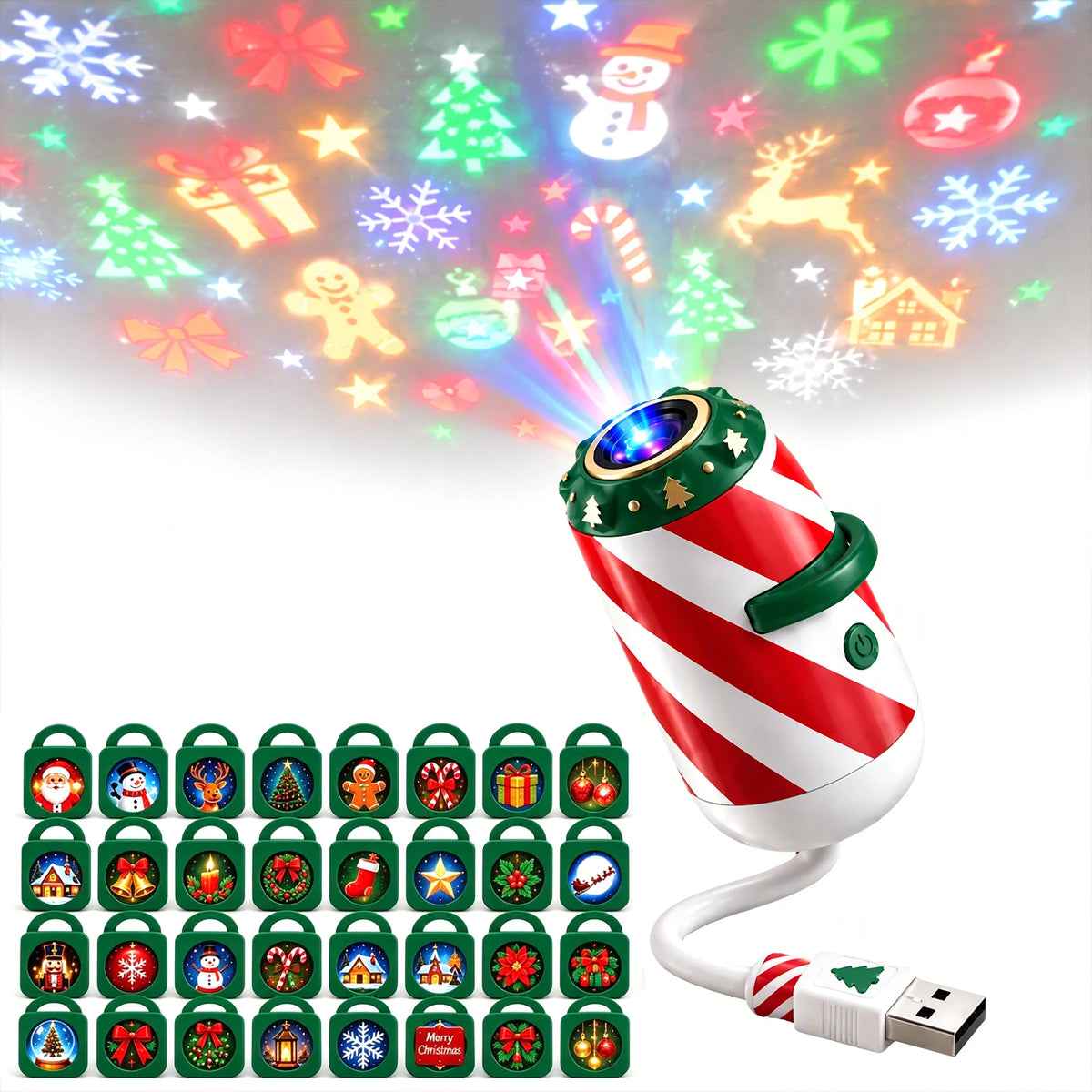 Merry Ride Christmas Car Projector Light Plug and Play USB Holiday Projection Lamp with 6/12/24/32 Christmas Patterns Slides