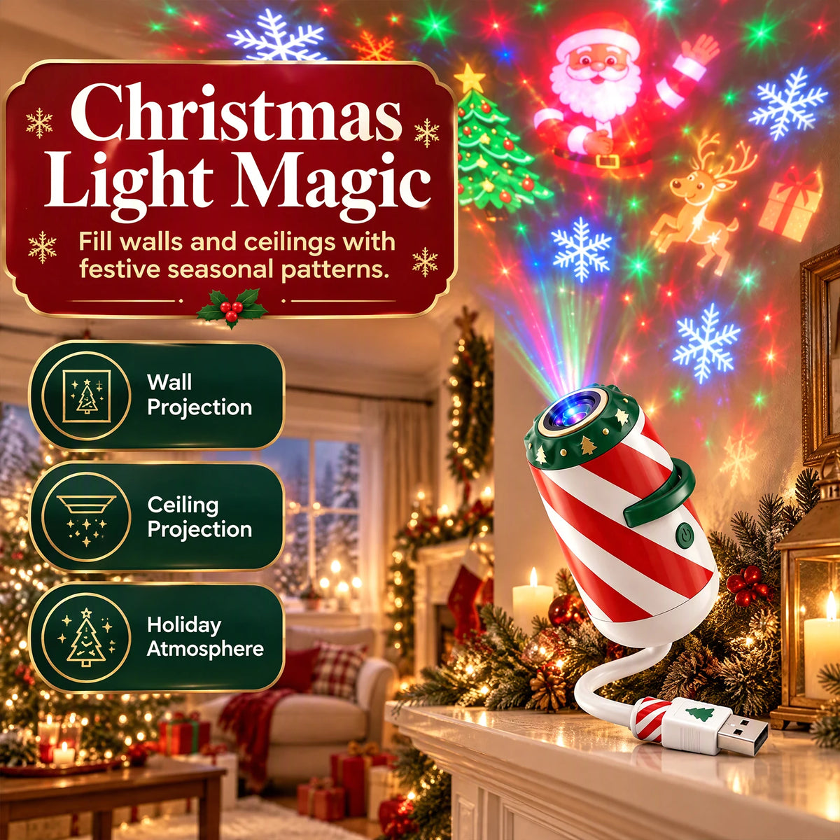 Merry Ride Christmas Car Projector Light Plug and Play USB Holiday Projection Lamp with 6/12/24/32 Christmas Patterns Slides