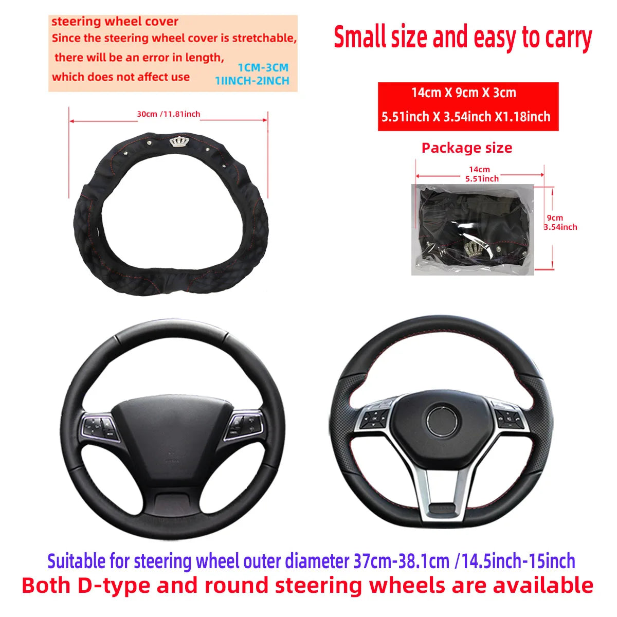 1 PU Embroidered Crown Set with Artificial Diamond Blingbling Leather Steering Wheel Cover Without Inner Ring Fits 14.5-15 Inche