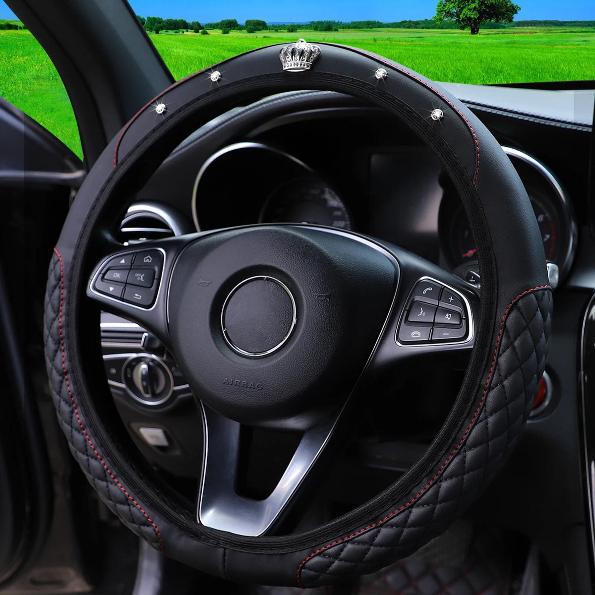 1 PU Embroidered Crown Set with Artificial Diamond Blingbling Leather Steering Wheel Cover Without Inner Ring Fits 14.5-15 Inche