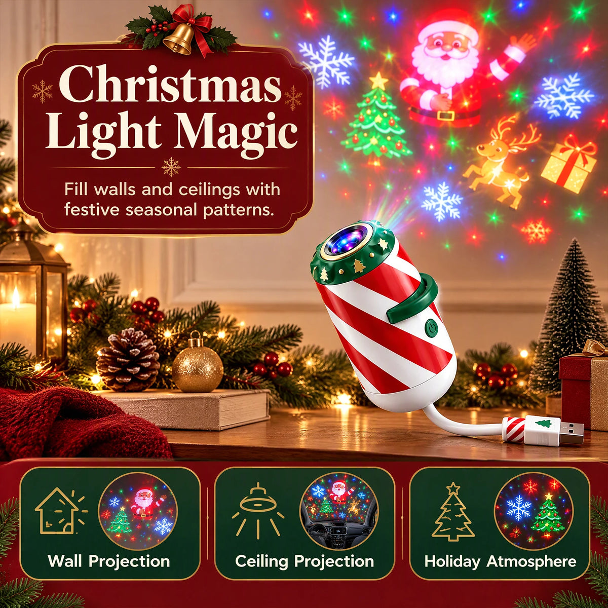 Merry Ride Christmas Car Projector Light Plug and Play USB Holiday Projection Lamp with 6/12/24/32 Christmas Patterns Slides