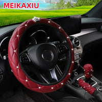 Soft Leather Diamond Crown Three-Piece Car Without Inner Ring Steering Wheel Cover Handbrake Handle Cover