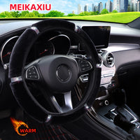 Winter Plush Shiny Leather Car Steering Wheel Cover Rimless Handbrake Cover Gearshift Cover - Car Decoration Accessories