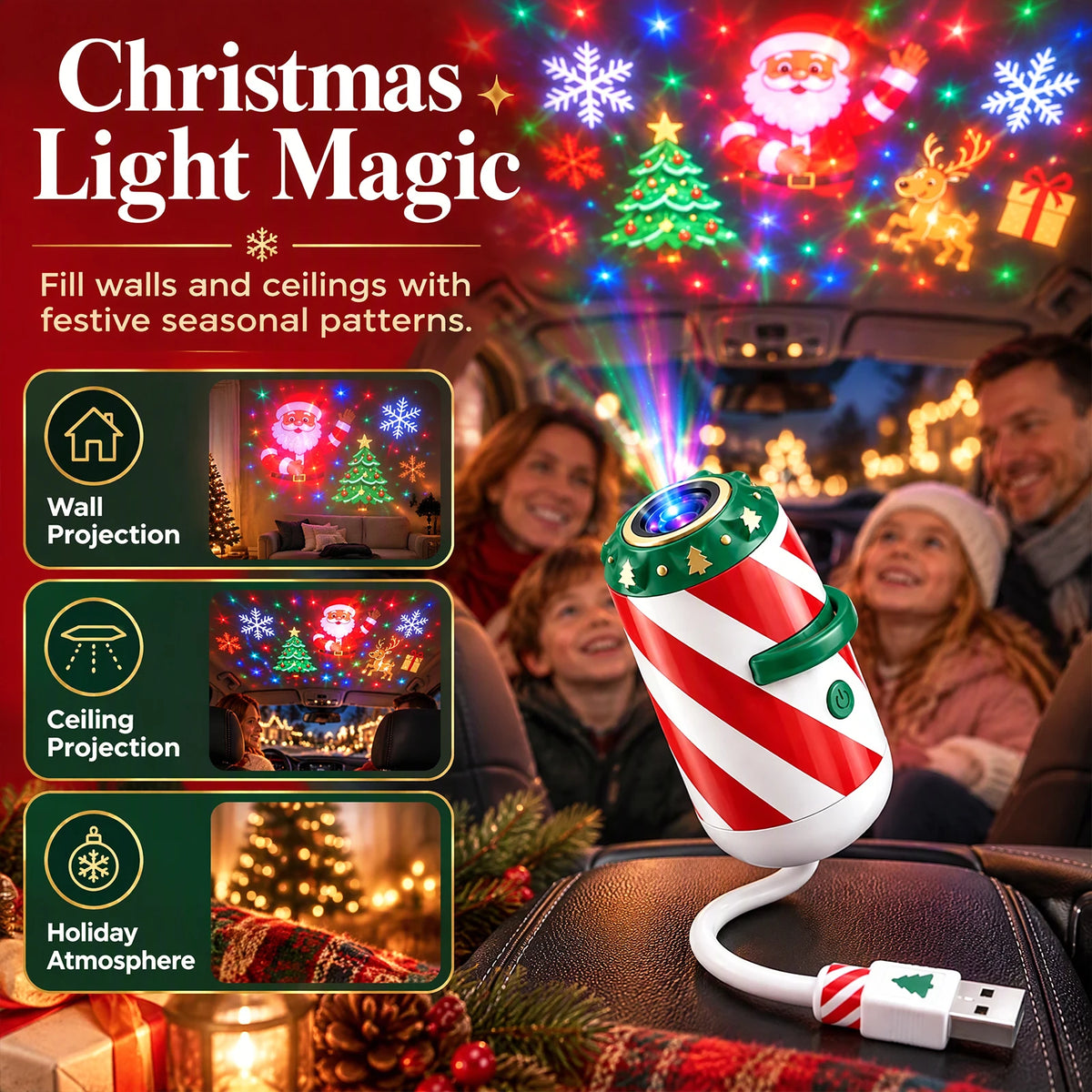 Merry Ride Christmas Car Projector Light Plug and Play USB Holiday Projection Lamp with 6/12/24/32 Christmas Patterns Slides