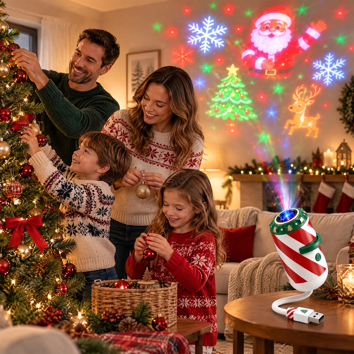 Merry Ride Christmas Car Projector Light Plug and Play USB Holiday Projection Lamp with 6/12/24/32 Christmas Patterns Slides