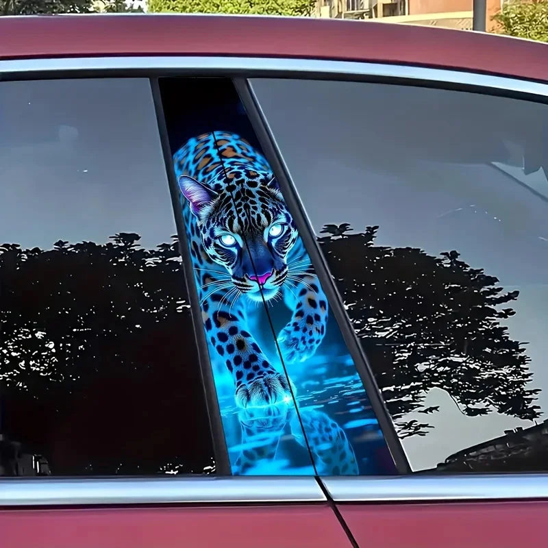 Cool Neon Blue Leopard Car B Pillar Sticker Vivid Animal Graphic Decal Stylish DIY Modification Decor for Vehicle Middle Window