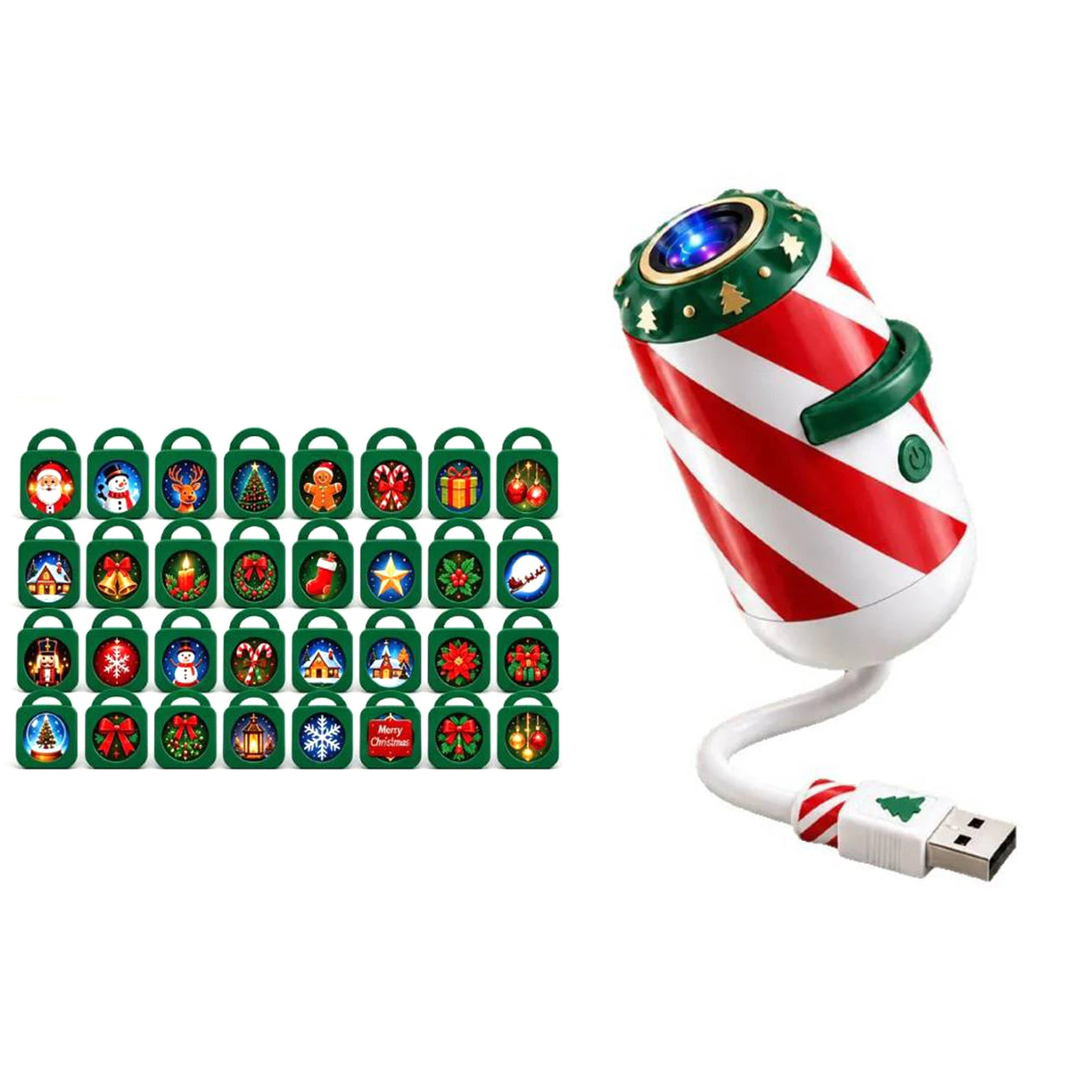 Merry Ride Christmas Car Projector Light Plug and Play USB Holiday Projection Lamp with 6/12/24/32 Christmas Patterns Slides