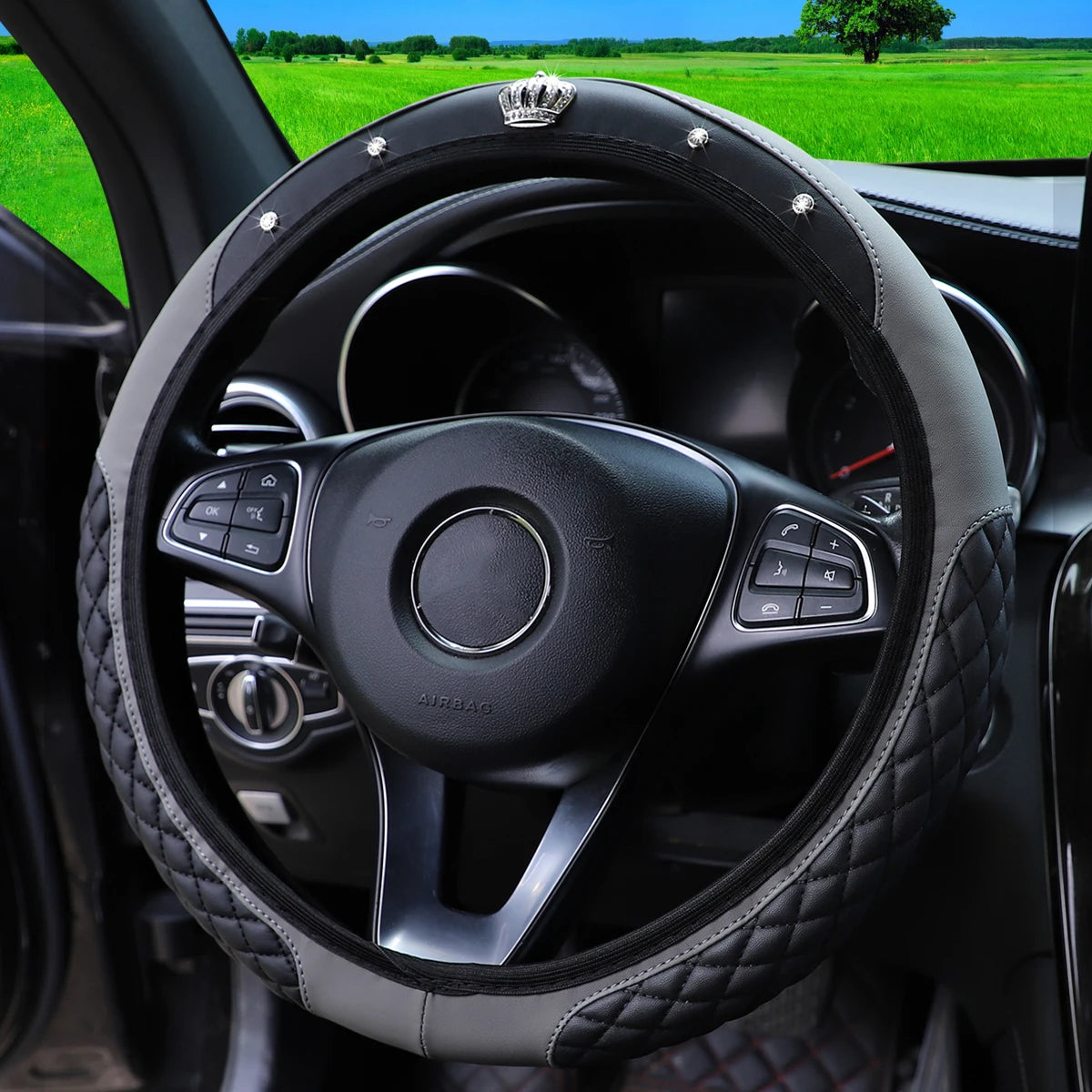 1 PU Embroidered Crown Set with Artificial Diamond Blingbling Leather Steering Wheel Cover Without Inner Ring Fits 14.5-15 Inche