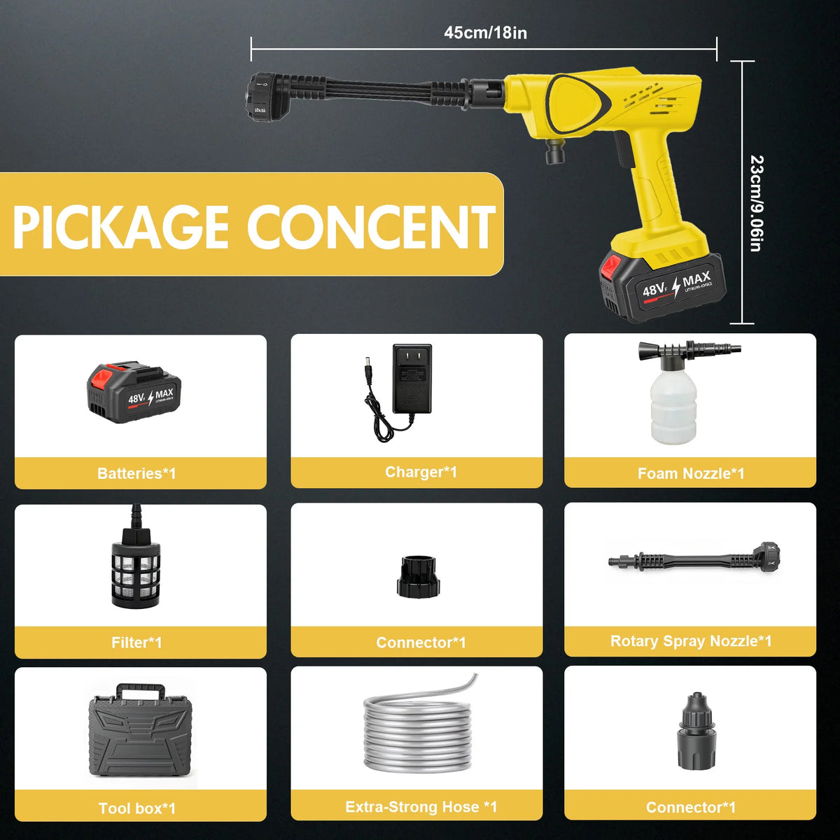 Cordless Electric High-Pressure Cleaner Washer Water Spray Gun Brushless 970PSI with 6-in-1  Nozzle 21V 4.0Ah Battery and Hose