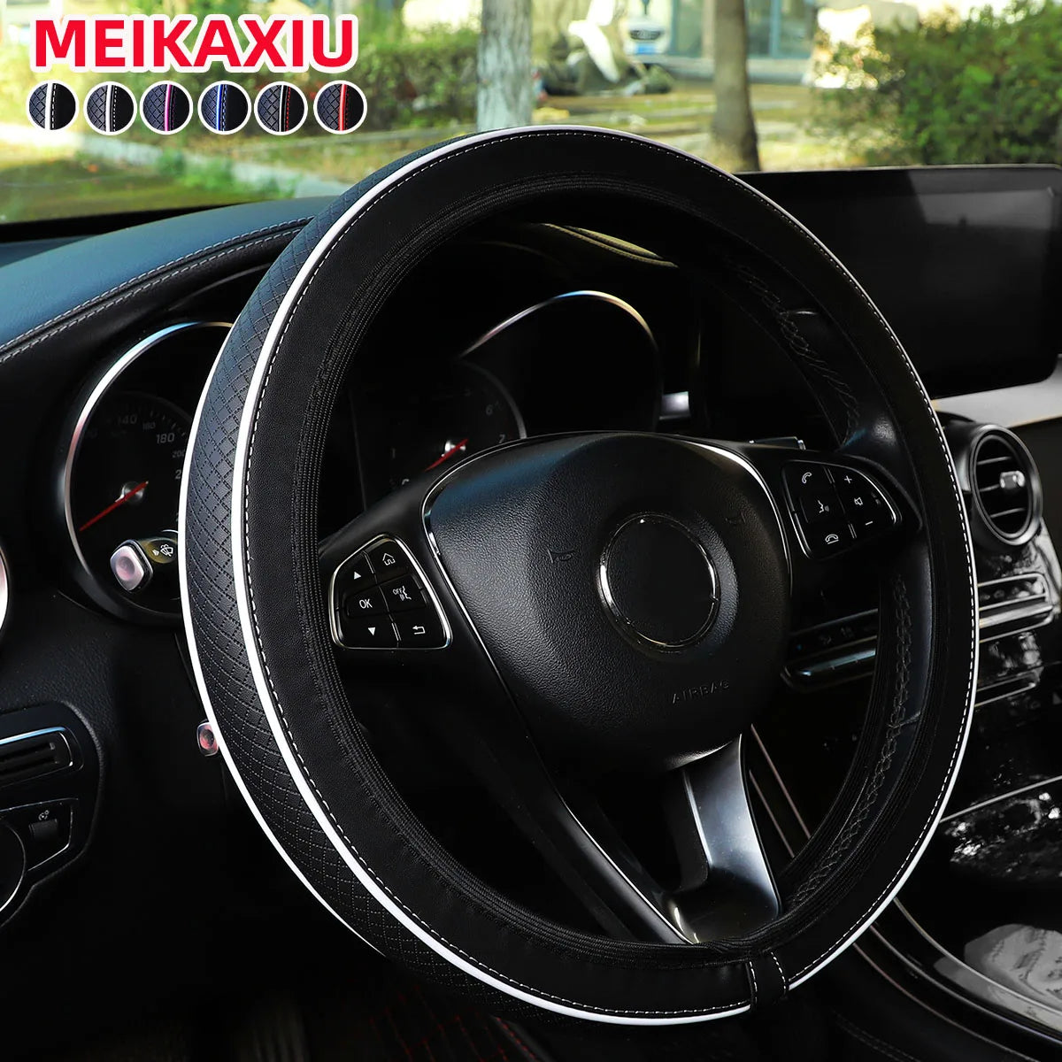 1PC Universal Fit Thick PU Leather Car Steering Wheel Cover Trim Strips 14.5-15 Inch Rimless Interior Decoration Accessory