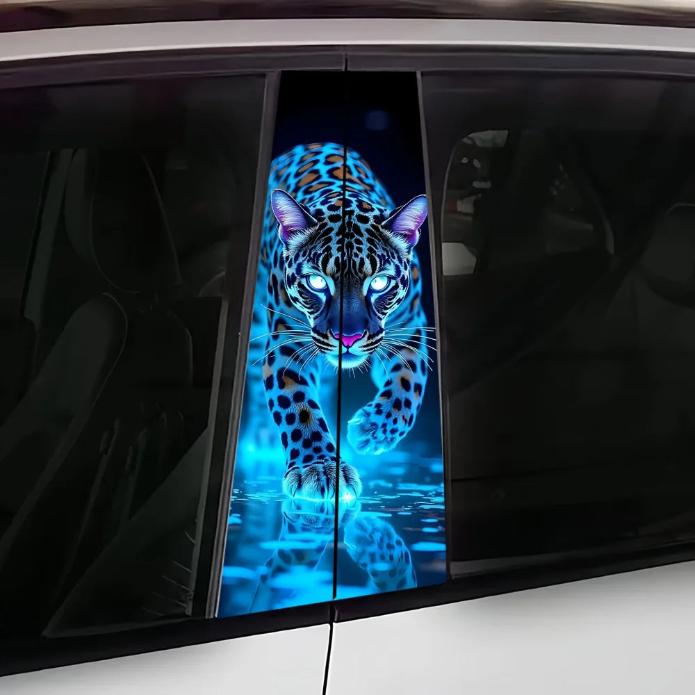 2 pieces luminous leopard print car B pillar sticker durable vinyl protective film suitable for B pillar external accessories