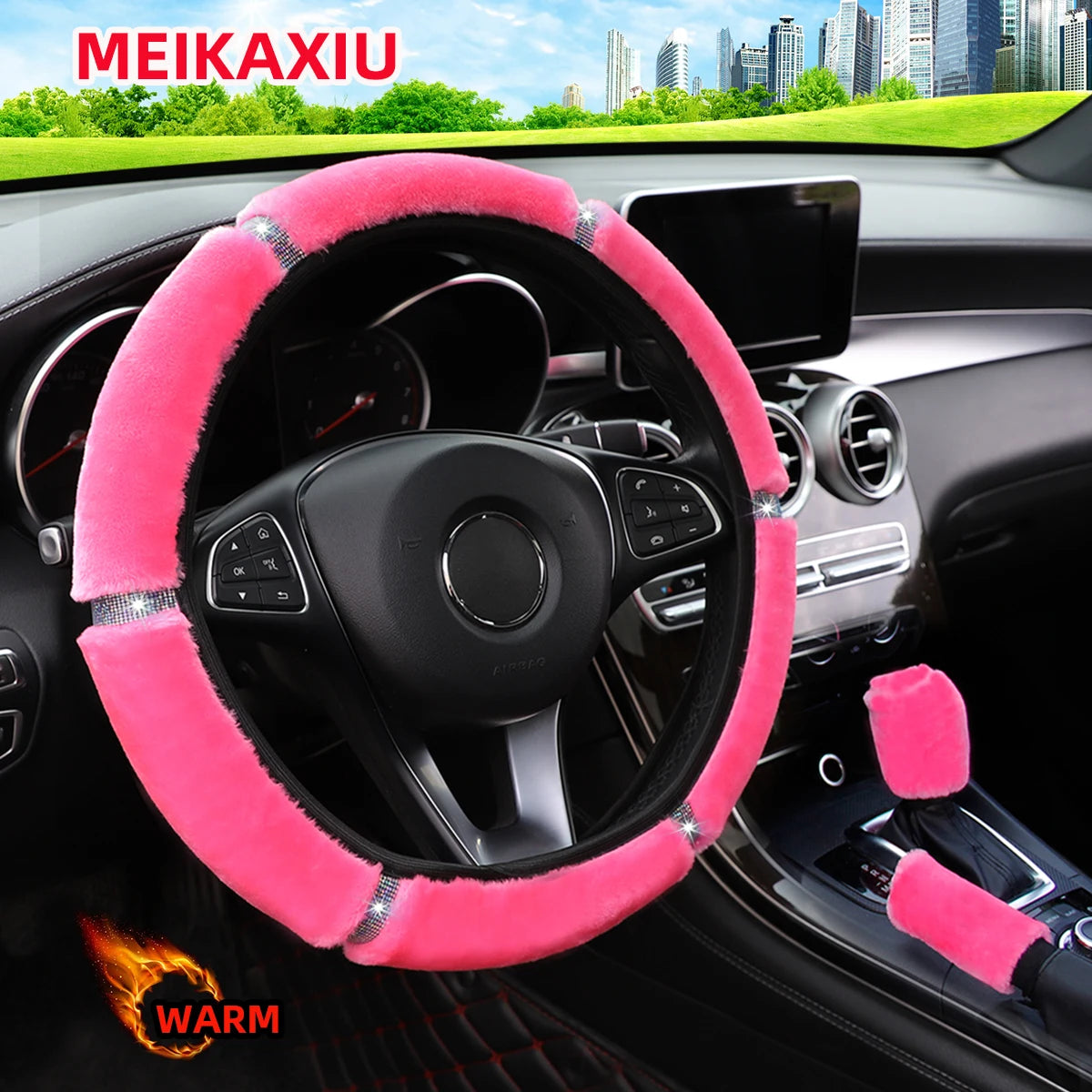 Winter Plush Shiny Leather Car Steering Wheel Cover Rimless Handbrake Cover Gearshift Cover - Car Decoration Accessories