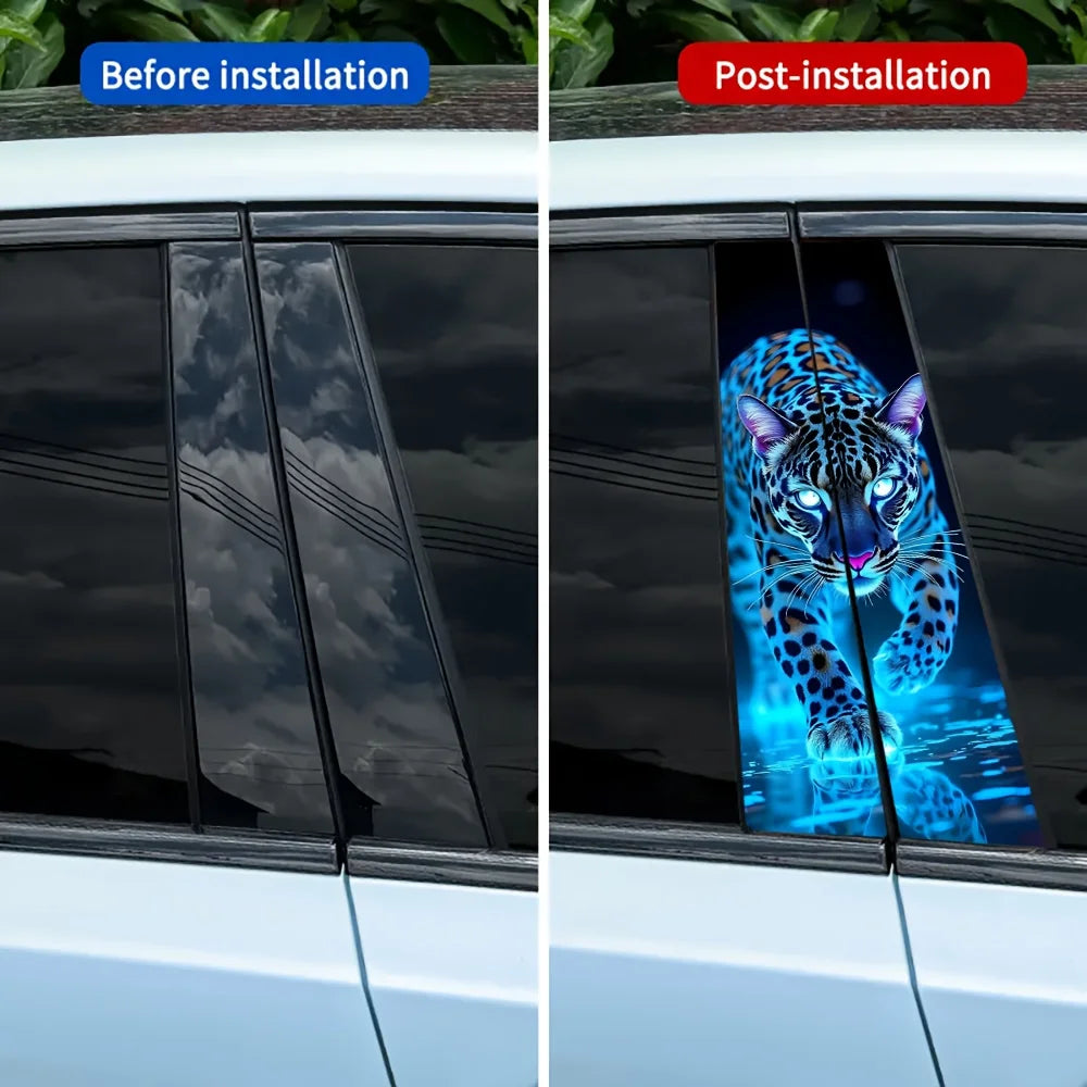2 pieces luminous leopard print car B pillar sticker durable vinyl protective film suitable for B pillar external accessories
