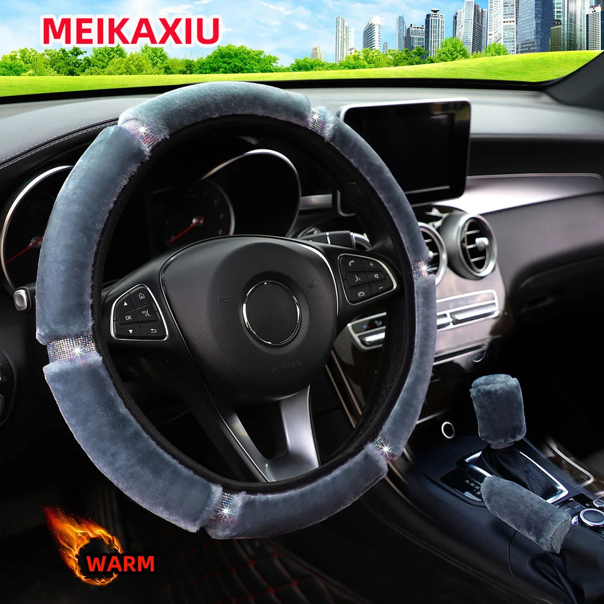 Winter Plush Shiny Leather Car Steering Wheel Cover Rimless Handbrake Cover Gearshift Cover - Car Decoration Accessories