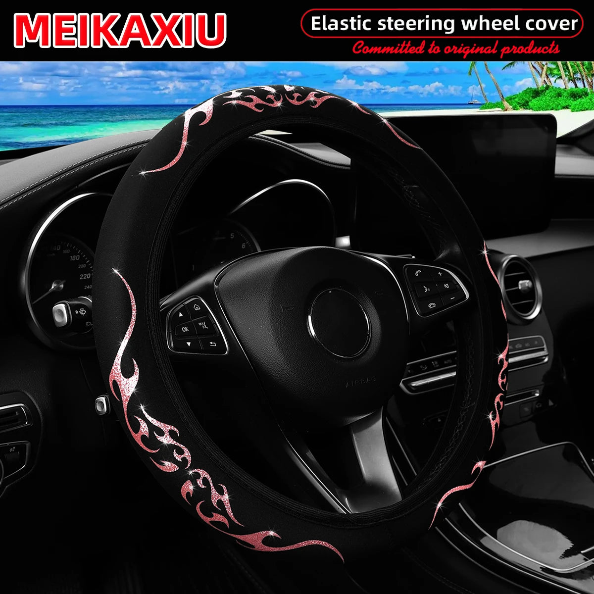 Blingbling Flame Totem Leather Car Wheel Cover Women's Style No Inner Rim Suitable for 37-38cm Car Accessories