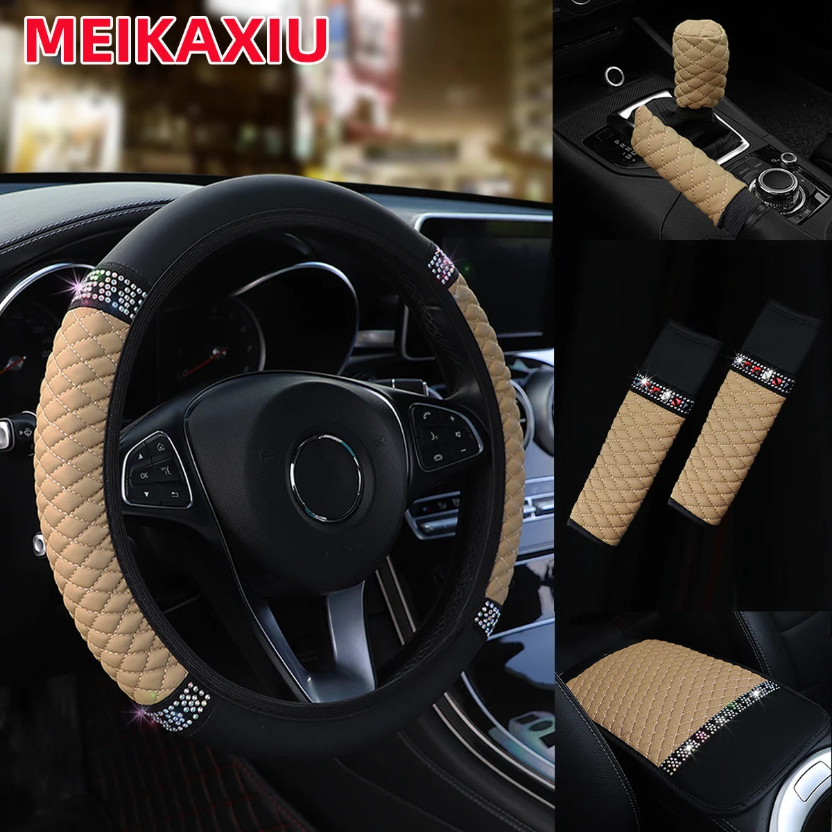 6Pcs Diamond-Studded PU Leather Car Steering Wheel Gear Shift Cover  with Embroidered Armrest Shoulder Guard Handbrake Protector