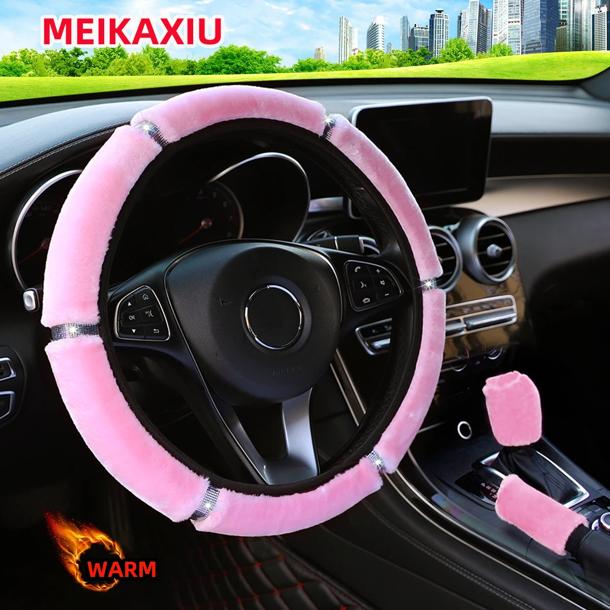 Winter Plush Shiny Leather Car Steering Wheel Cover Rimless Handbrake Cover Gearshift Cover - Car Decoration Accessories