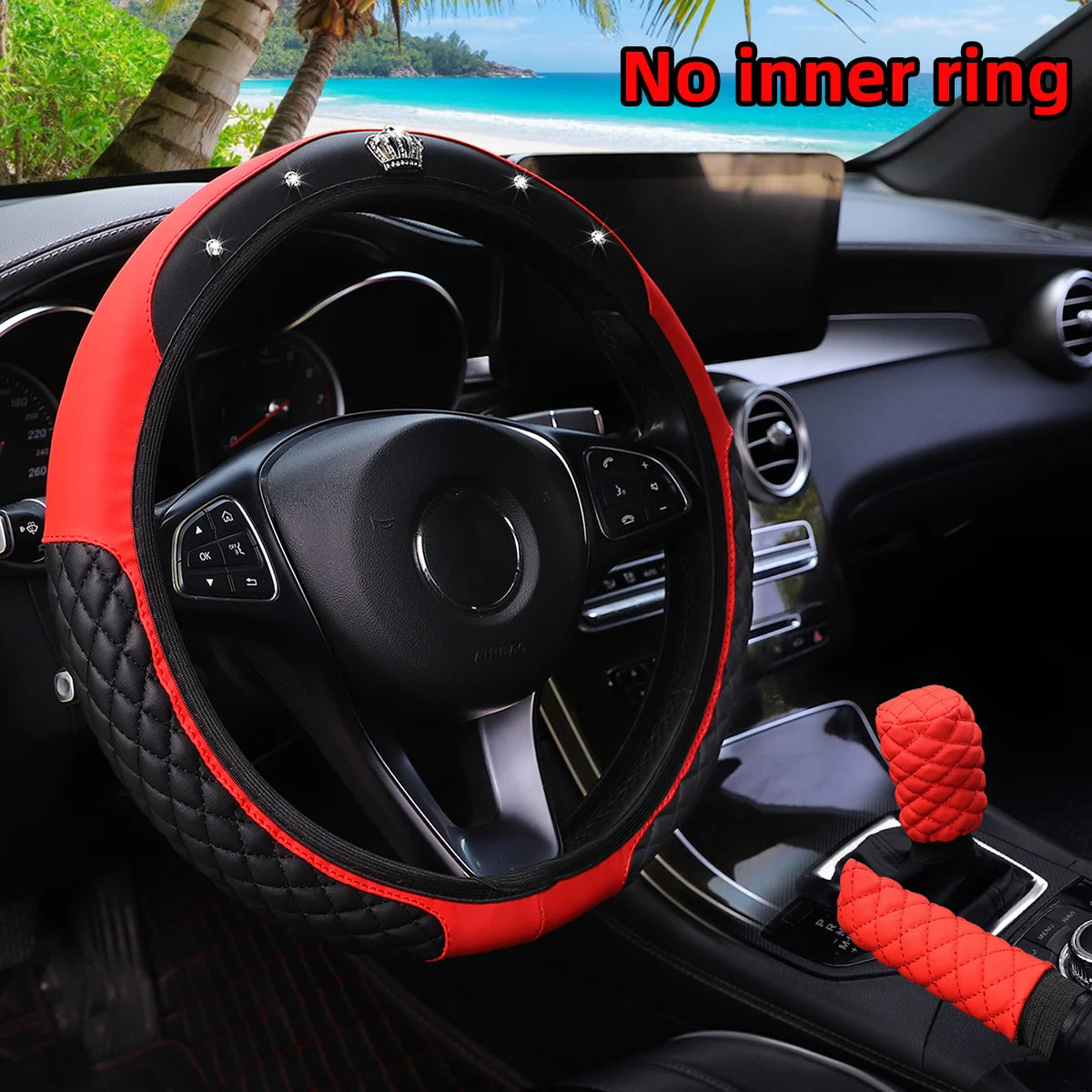 3-Piece PU Leather Embroidered Crown Diamond Car Without Inner Ring Steering Wheel Cover Handbrake Cover Handle Cover