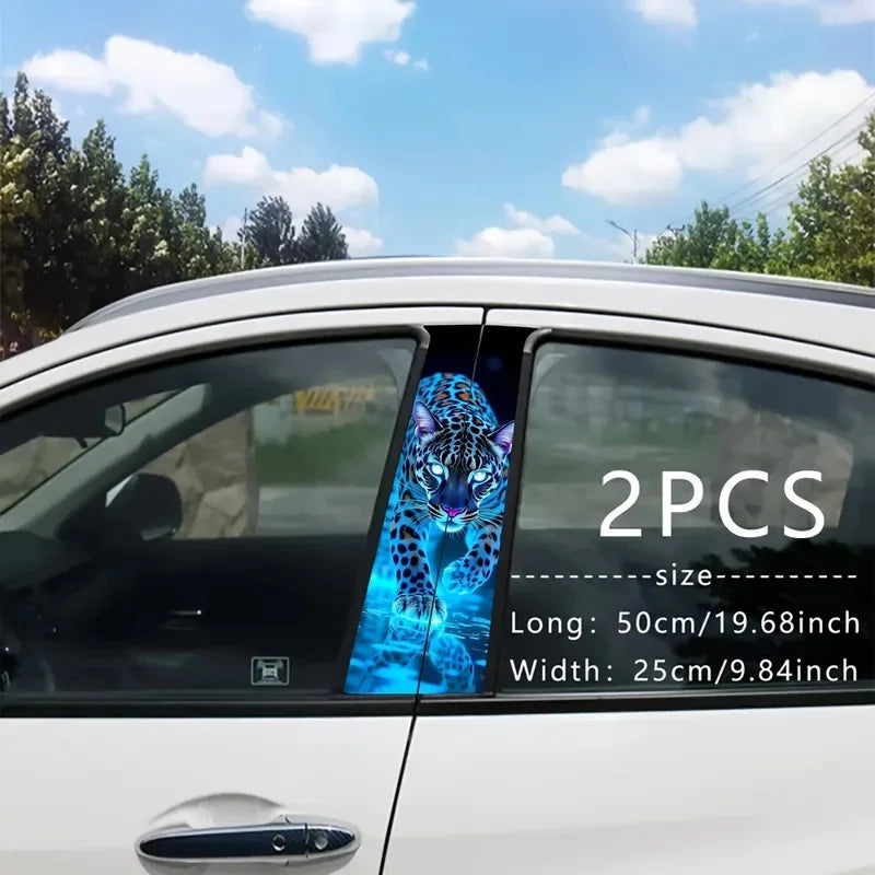 Cool Neon Blue Leopard Car B Pillar Sticker Vivid Animal Graphic Decal Stylish DIY Modification Decor for Vehicle Middle Window