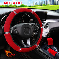 Winter Plush Shiny Leather Car Steering Wheel Cover Rimless Handbrake Cover Gearshift Cover - Car Decoration Accessories