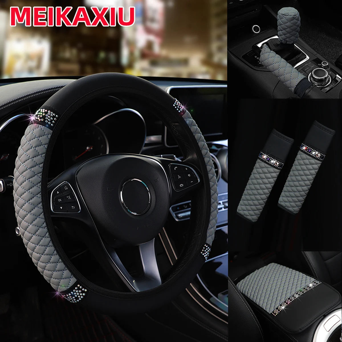 6Pcs Diamond-Studded PU Leather Car Steering Wheel Gear Shift Cover  with Embroidered Armrest Shoulder Guard Handbrake Protector
