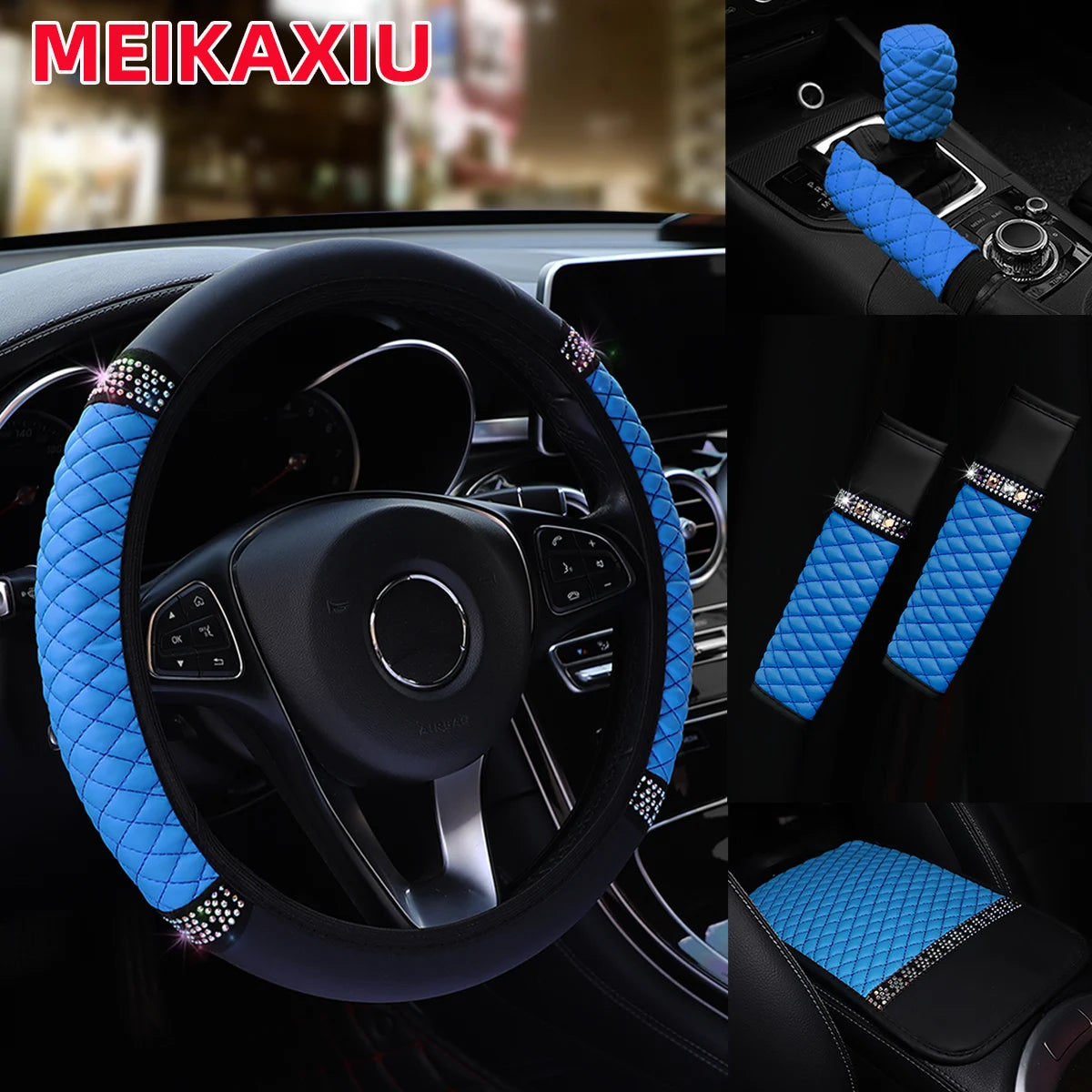 6Pcs Diamond-Studded PU Leather Car Steering Wheel Gear Shift Cover  with Embroidered Armrest Shoulder Guard Handbrake Protector