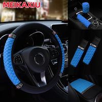 6Pcs Diamond-Studded PU Leather Car Steering Wheel Gear Shift Cover  with Embroidered Armrest Shoulder Guard Handbrake Protector