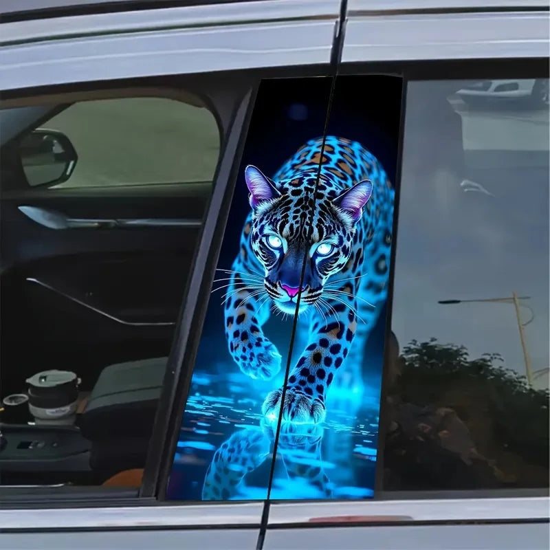 Cool Neon Blue Leopard Car B Pillar Sticker Vivid Animal Graphic Decal Stylish DIY Modification Decor for Vehicle Middle Window
