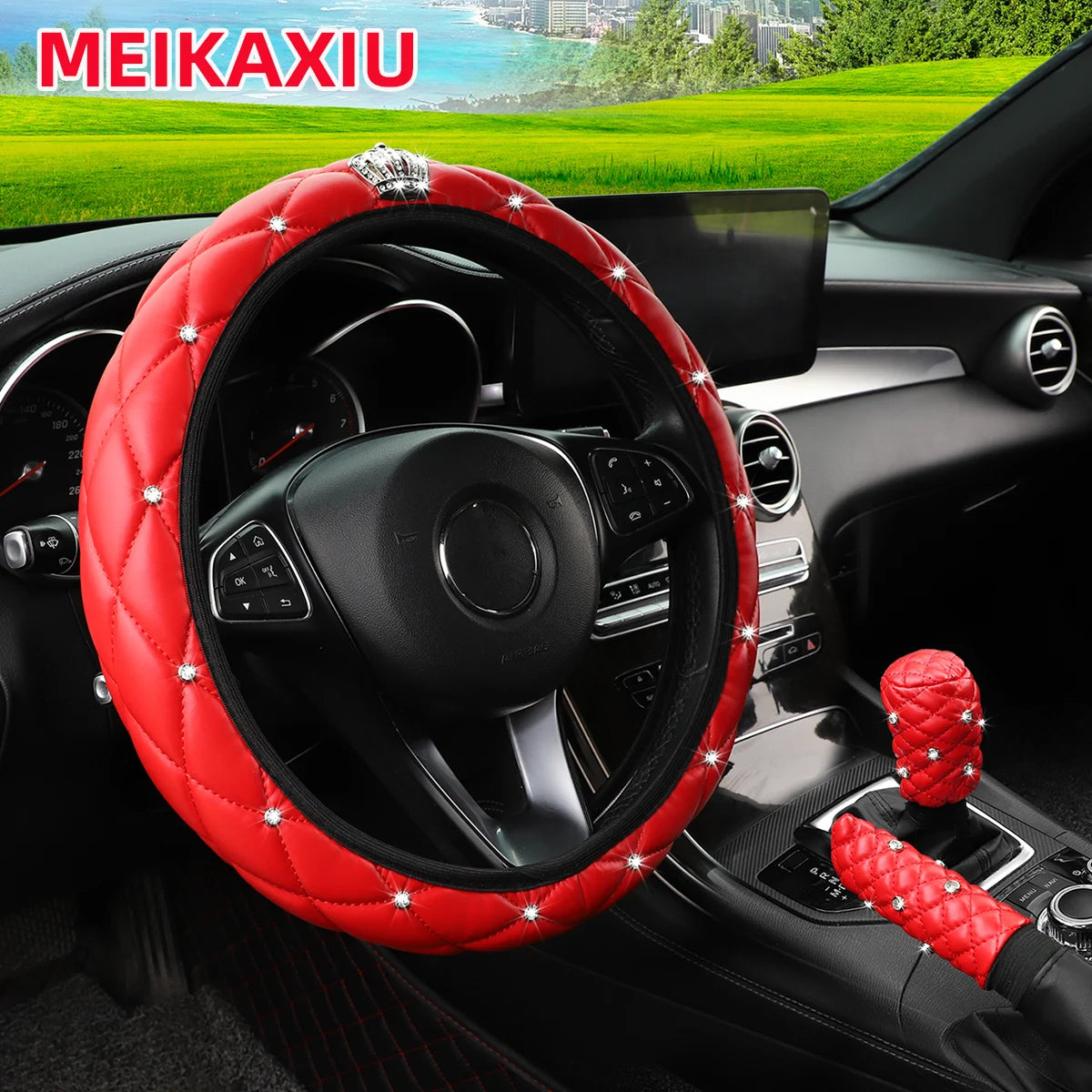 Soft Leather Diamond Crown Three-Piece Car Without Inner Ring Steering Wheel Cover Handbrake Handle Cover