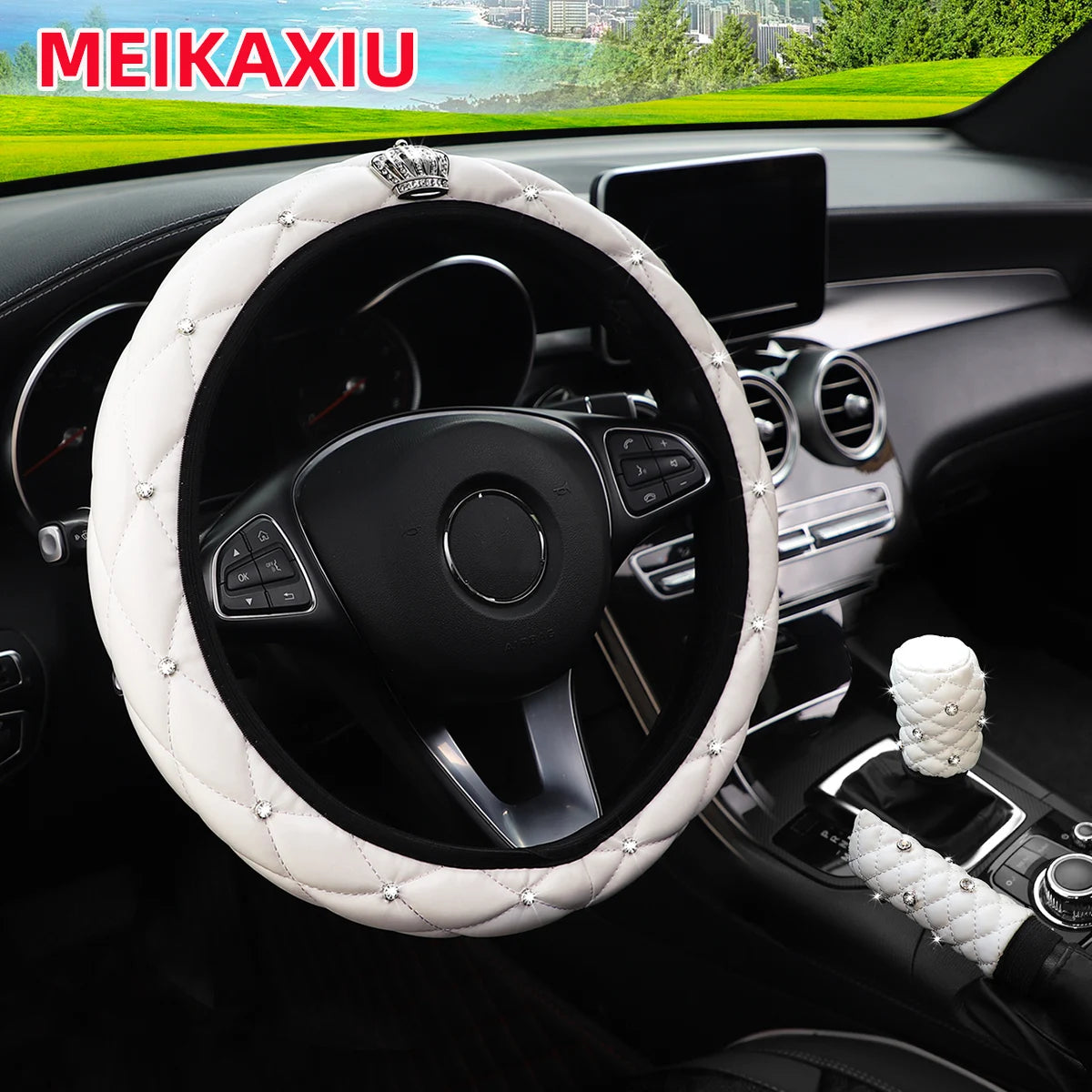 Soft Leather Diamond Crown Three-Piece Car Without Inner Ring Steering Wheel Cover Handbrake Handle Cover