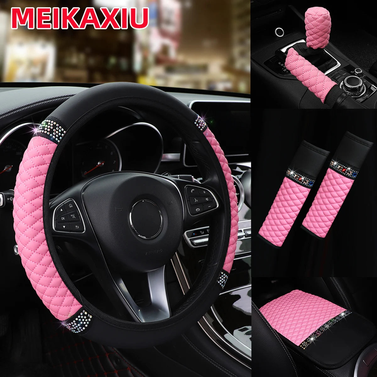 6Pcs Diamond-Studded PU Leather Car Steering Wheel Gear Shift Cover  with Embroidered Armrest Shoulder Guard Handbrake Protector