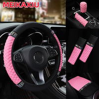6Pcs Diamond-Studded PU Leather Car Steering Wheel Gear Shift Cover  with Embroidered Armrest Shoulder Guard Handbrake Protector