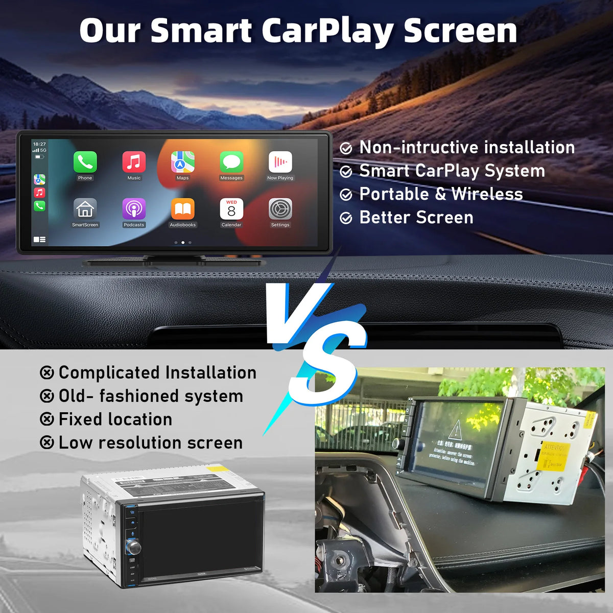 Portable Wireless Carplay Car Stereo, 10.26" inch HD Touchscreen for Car with CarPlay & Android Auto with Mirror Link/Backup Cam