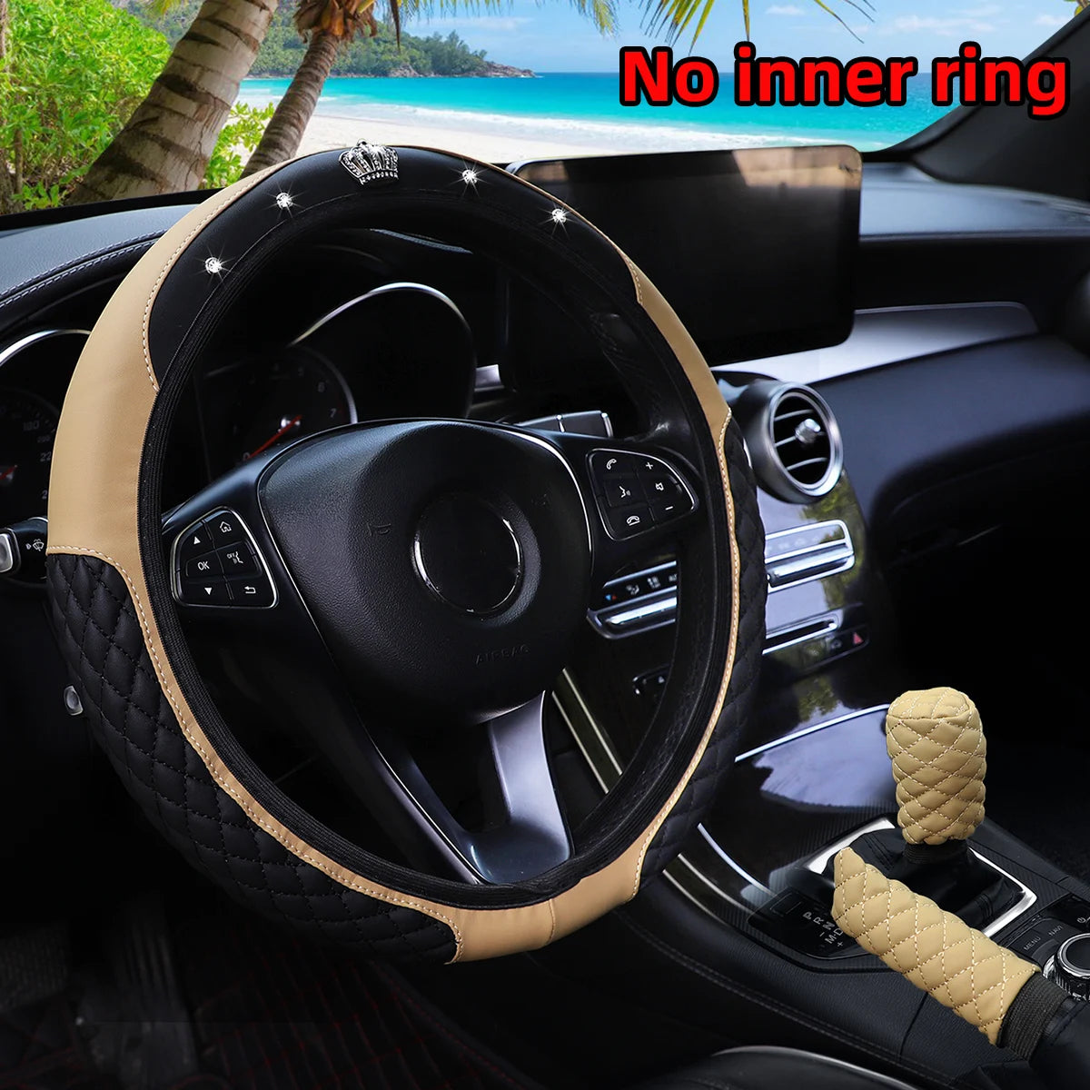 3-Piece PU Leather Embroidered Crown Diamond Car Without Inner Ring Steering Wheel Cover Handbrake Cover Handle Cover
