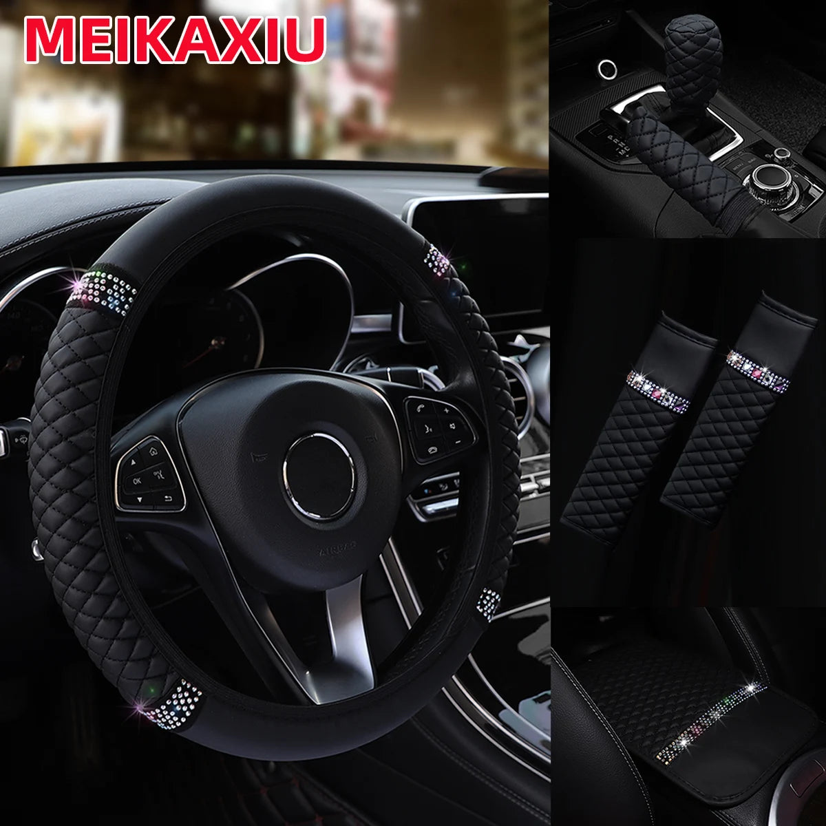 6Pcs Diamond-Studded PU Leather Car Steering Wheel Gear Shift Cover  with Embroidered Armrest Shoulder Guard Handbrake Protector