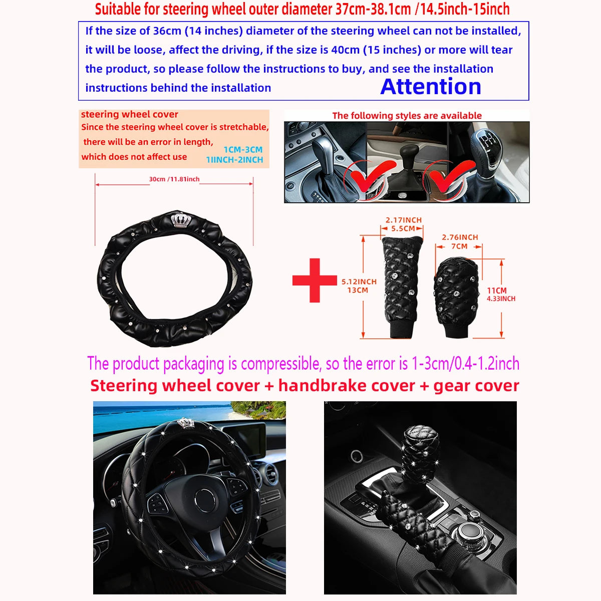 Soft Leather Diamond Crown Three-Piece Car Without Inner Ring Steering Wheel Cover Handbrake Handle Cover