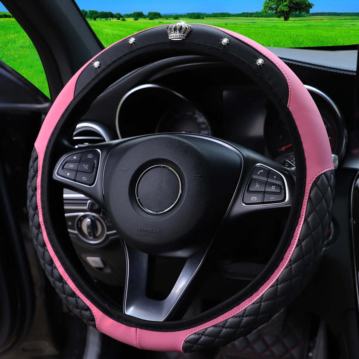 1 PU Embroidered Crown Set with Artificial Diamond Blingbling Leather Steering Wheel Cover Without Inner Ring Fits 14.5-15 Inche