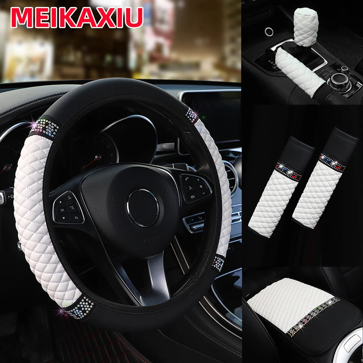 6Pcs Diamond-Studded PU Leather Car Steering Wheel Gear Shift Cover  with Embroidered Armrest Shoulder Guard Handbrake Protector