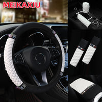 6Pcs Diamond-Studded PU Leather Car Steering Wheel Gear Shift Cover  with Embroidered Armrest Shoulder Guard Handbrake Protector