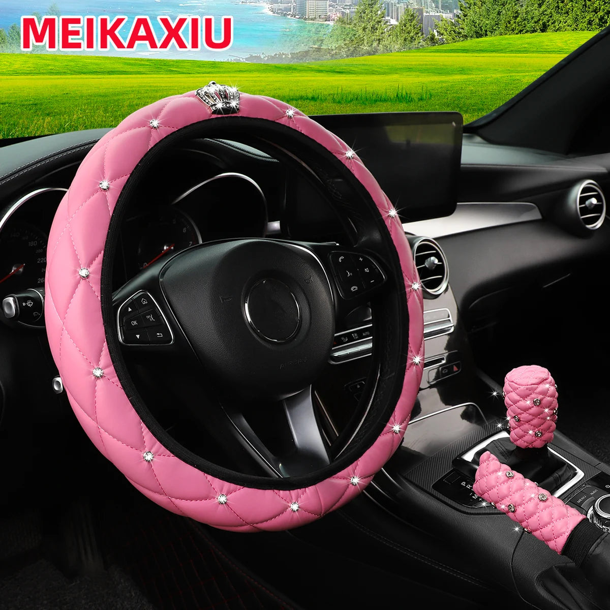 Soft Leather Diamond Crown Three-Piece Car Without Inner Ring Steering Wheel Cover Handbrake Handle Cover