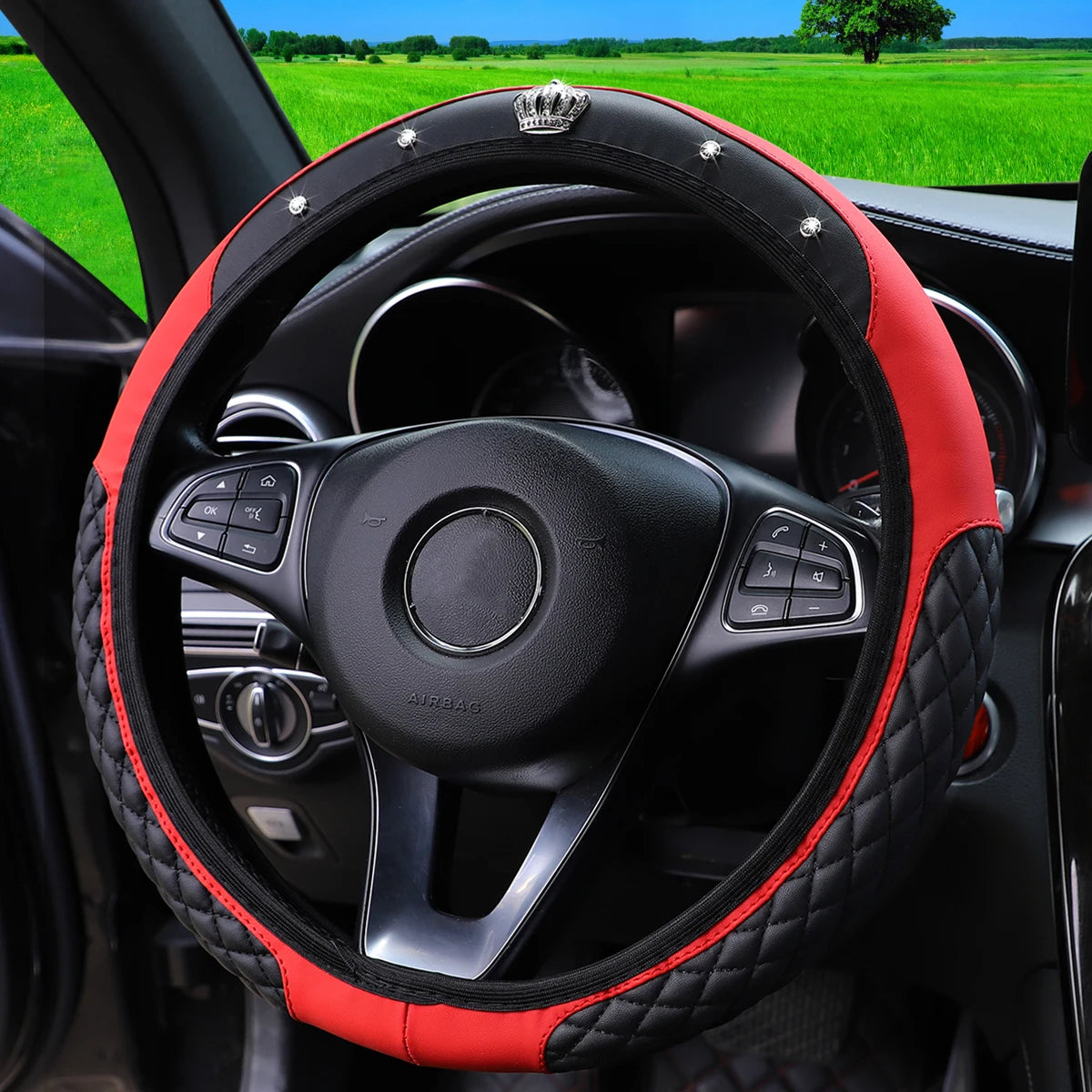 1 PU Embroidered Crown Set with Artificial Diamond Blingbling Leather Steering Wheel Cover Without Inner Ring Fits 14.5-15 Inche