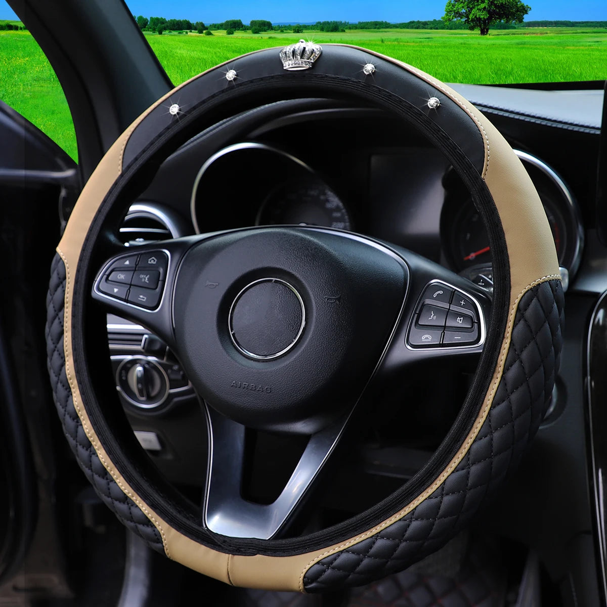 1 PU Embroidered Crown Set with Artificial Diamond Blingbling Leather Steering Wheel Cover Without Inner Ring Fits 14.5-15 Inche
